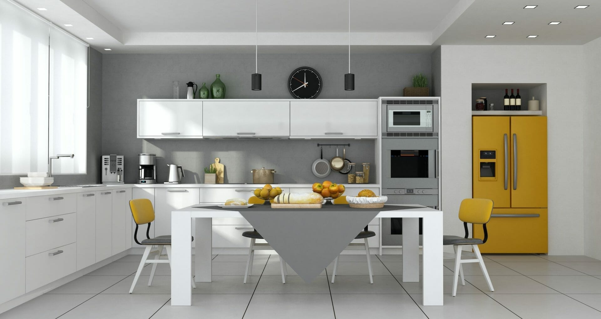 Modern Kitchen With Table Set And Built-In Yellow Fridge - 3D Rendering